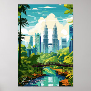 Kuala Lumpur Malaysia Vintage Illustration Poster