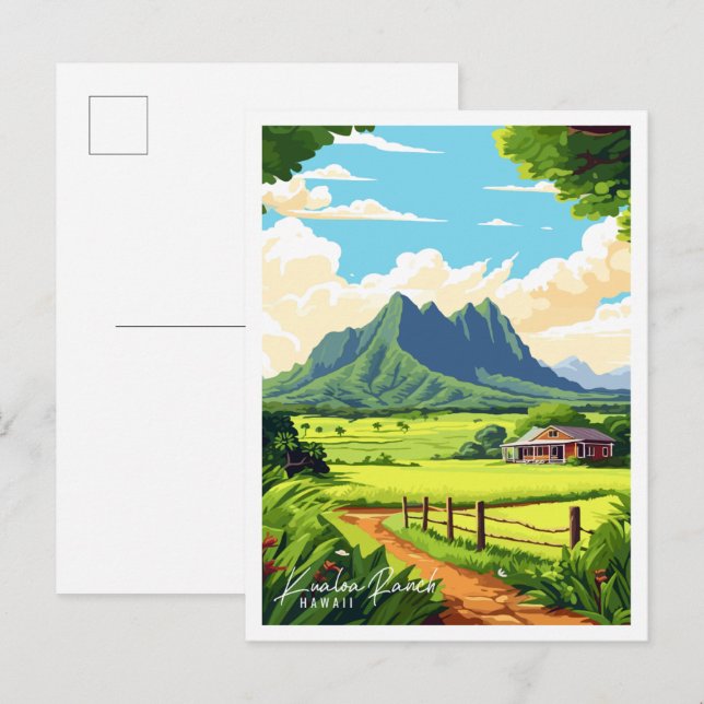 Kualoa Ranch Hawaii Vintage Illustration Postkarte (Vorne/Hinten)