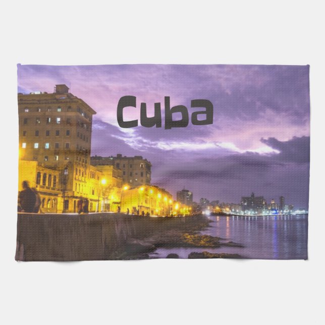 Kuba Havanna Shoreline Stadtlampen nachts Geschirrtuch (Horizontal)