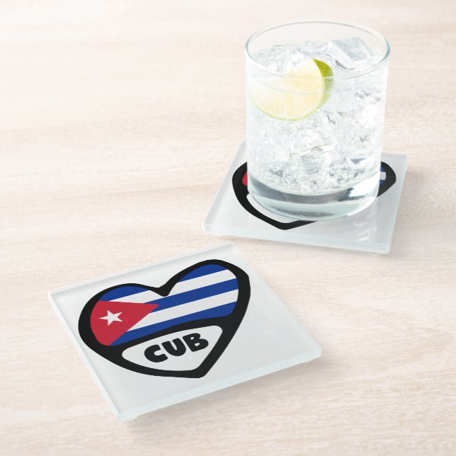 Kuba Ländercode Flaggenherz, CUB Glasuntersetzer (Schrägansicht)