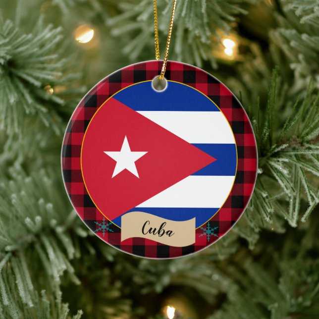 Kuba, Roter Büffel, karierte und kubanische Flagge Keramik Ornament (Baum)