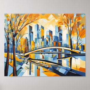 Kubistische Herbstbrücke im Stadtbild Poster