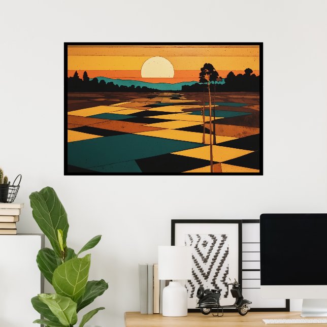 Kubistische Landschaftsflatfarben Fields Surrealis Poster (Heimbüro)