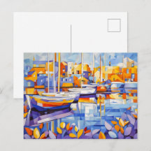 Kubistische Marina mit Booten und Spiegelungen