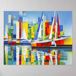 Kubistische Segelboote im farbenfrohen Hafen Poster