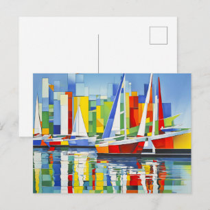 Kubistische Segelboote im farbenfrohen Hafen Postkarte