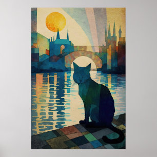 Kubistischer Cat Watching Sonnenuntergang über leu Poster