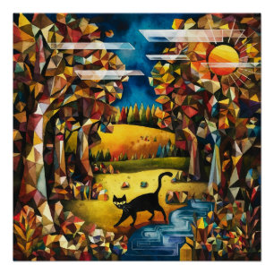Kubistischer Herbstwald mit Fluss und Wiese Poster