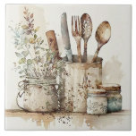 Küche Utensitäten Rustikale Aquarellfarben Keramik Fliese<br><div class="desc">Rustikale Bauernlandschaft Aquarellgeräte Szene wurden verwendet,  um diese perfekte Keramik Kachel zu schaffen. Mix und passend zu anderen Fliesen,  um Ihr eigenes individuelles Aussehen zu schaffen.</div>