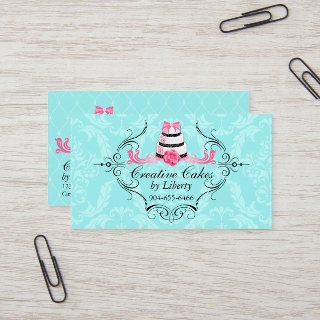 Kuchen-Bäckerei-Damast-Aqua-Rosa Visitenkarte (Vorderseite/Rückseite Beispiel)