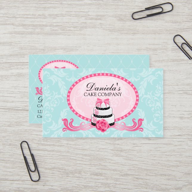 Kuchen-Bäckerei-Damast-Aqua-Rosa Visitenkarte (Vorderseite/Rückseite Beispiel)