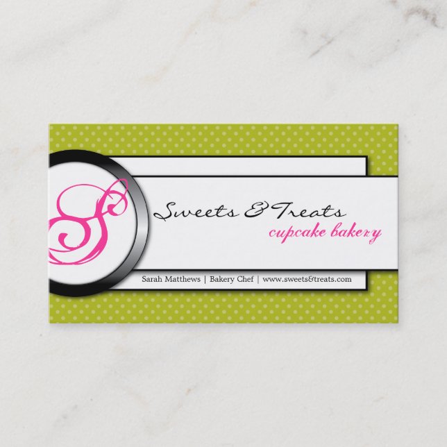 Kuchen-Bäckerei-Grün-Rosa-Monogramm-Visitenkarte Visitenkarte (Vorderseite)