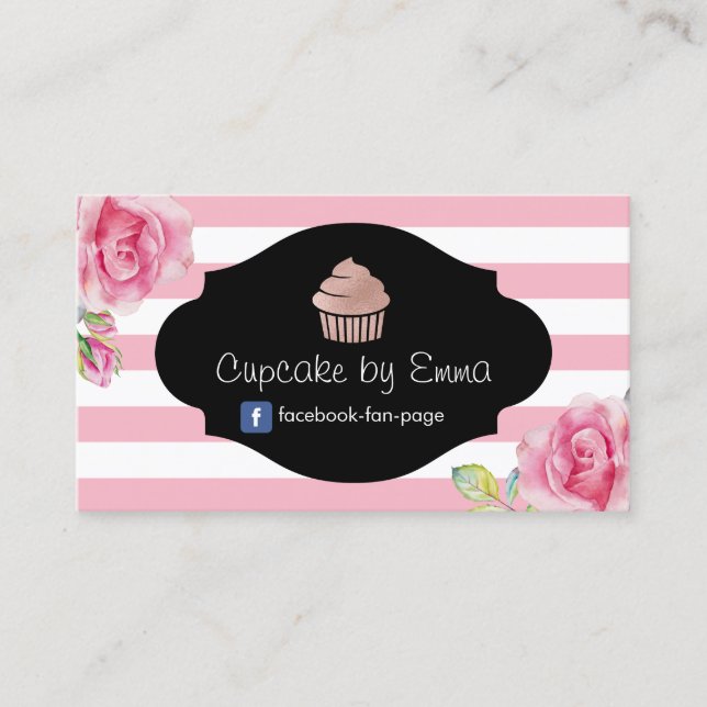 Kuchen-Bäckerei-moderne rosa Streifen-süßes Blumen Visitenkarte (Vorderseite)