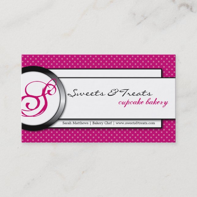 Kuchen-Bäckerei-Rosa-weiße Monogramm-Visitenkarte Visitenkarte (Vorderseite)