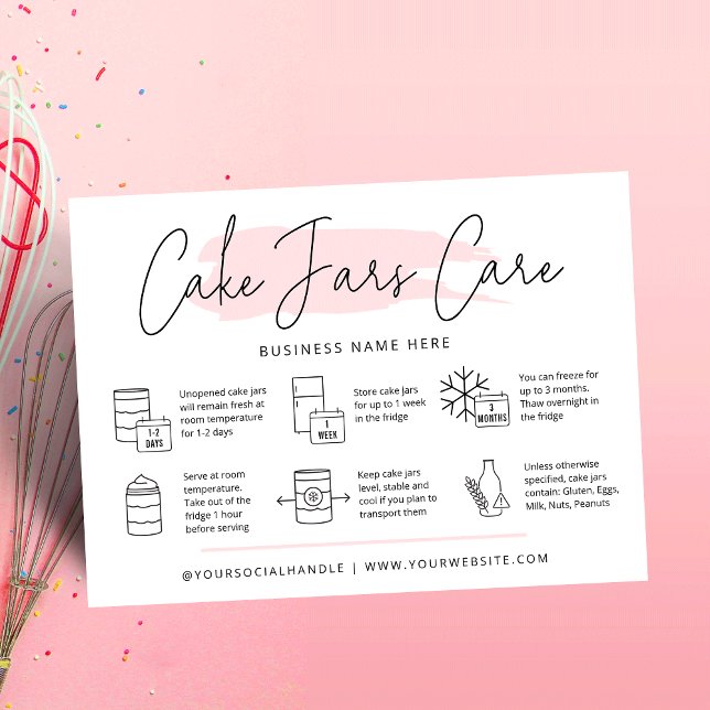 Kuchen in JAR Care Cards Moderne rosa Wasserfarbe Visitenkarte (Modern cake jars care cards with icons, trendy fonts and pink watercolor design and your logo)
