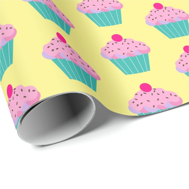 Kuchen-Muster-Rosa-blaues gelbes niedliches Geschenkpapier (Rolleneckpunkt)