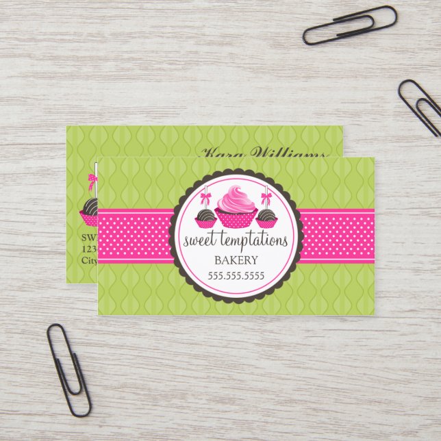 Kuchen-Pop und Kuchen-grünes Rosa Visitenkarte (Vorderseite/Rückseite Beispiel)