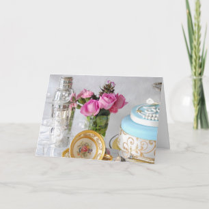 Kuchen und rosa Rosen 30er Grußkarte Karte