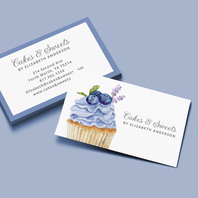 Kuchen und Süßigkeiten Backwaren Konditorei Koch Visitenkarte (An elegant Bakery business card featuring a blueberry cupcake.)