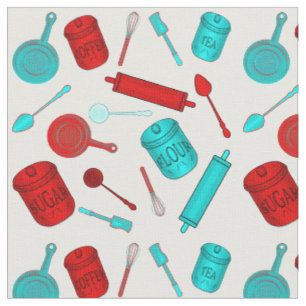 Küchen-Utensidmuster - Rot und Aqua auf Weiß Stoff