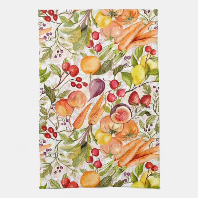 Küchengarten Ernte Wasserfarbe Obst & Gemüse Geschirrtuch (Vertikal)