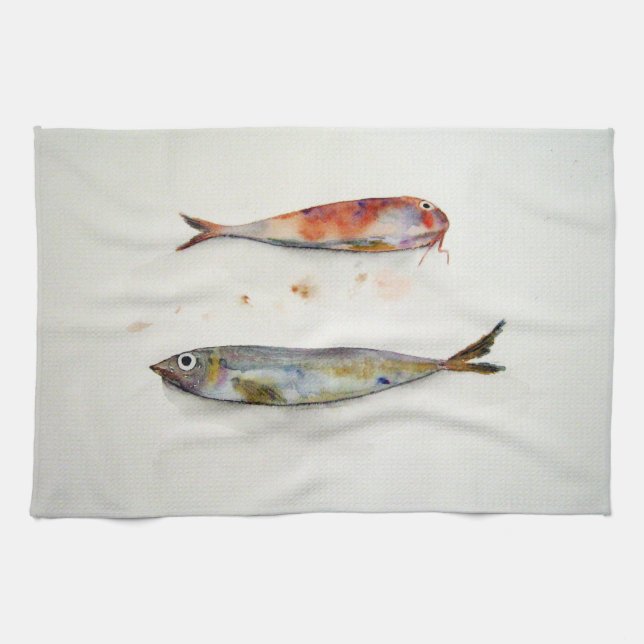 Küchenhandtuch mit Fischen im Aquarell Handtuch (Horizontal)