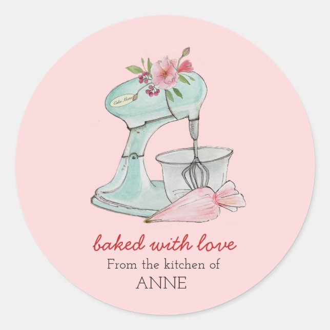 Kuchenmischer "Mit Liebe gebacken" rosa Runder Aufkleber (Vorderseite)