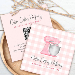Küchenmixer QR-Code Blush Rosa Gingham Bäckerei Quadratische Visitenkarte