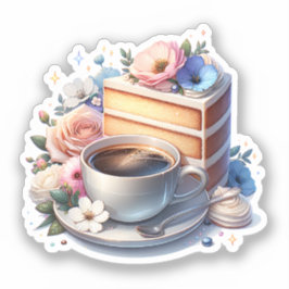 Kuchenstück, Kaffeebecher und Blume Aufkleber