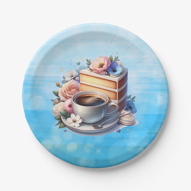 Kuchenstück, Kaffeebecher und Blume Pappteller (Vorderseite)