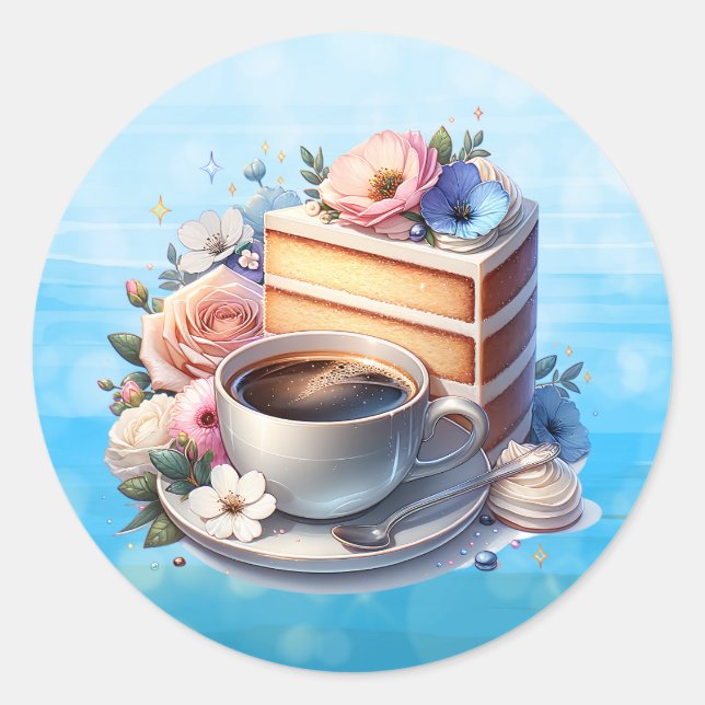 Kuchenstück, Kaffeebecher und Blume Runder Aufkleber (Vorderseite)