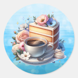 Kuchenstück, Kaffeebecher und Blume Runder Aufkleber