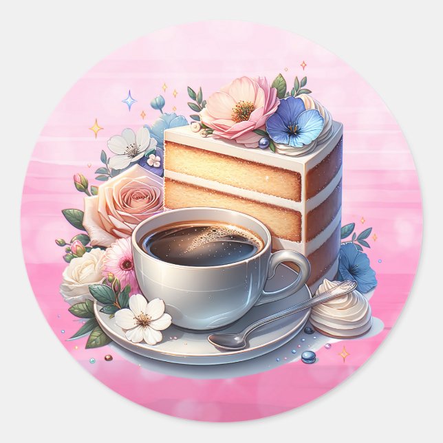 Kuchenstück, Kaffeebecher und Blume Runder Aufkleber (Vorderseite)
