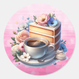 Kuchenstück, Kaffeebecher und Blume Runder Aufkleber