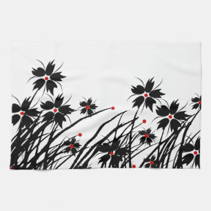 Küchentücher Floral Rot Schwarz Weiß 2 Dekor Sets