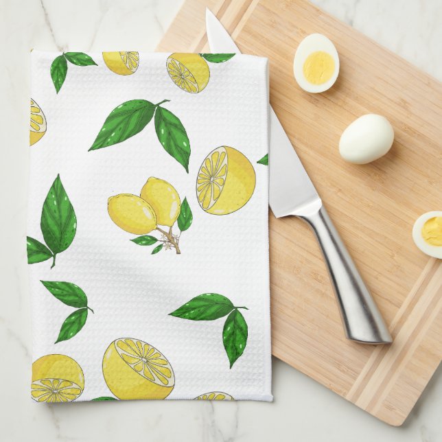 Küchentücher mit saftigen Zitronen und grünen Blät (Viertel Falte)