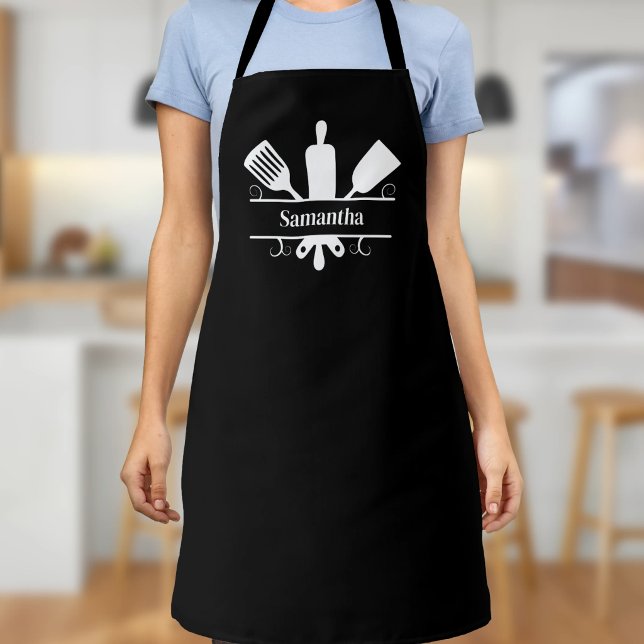 Küchenutensilien Monogramm Schwarz Schürze (Kitchen Utensils Monogram Black Apron)