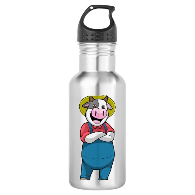 Kuh als Bauer mit Hut Edelstahlflasche (Vorderseite)