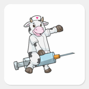 Kuh als Krankenschwester mit Herz und Spritze Quadratischer Aufkleber