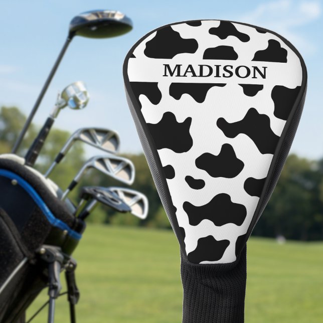 Kuh Animal Print Gepunktet Schwarz/Weiß Name Golf Headcover (Cow Animal Print Spotted Black & White Name Golf Head Cover)