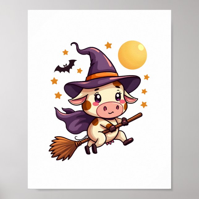 Kuh auf einem Broomstick Poster (Vorne)
