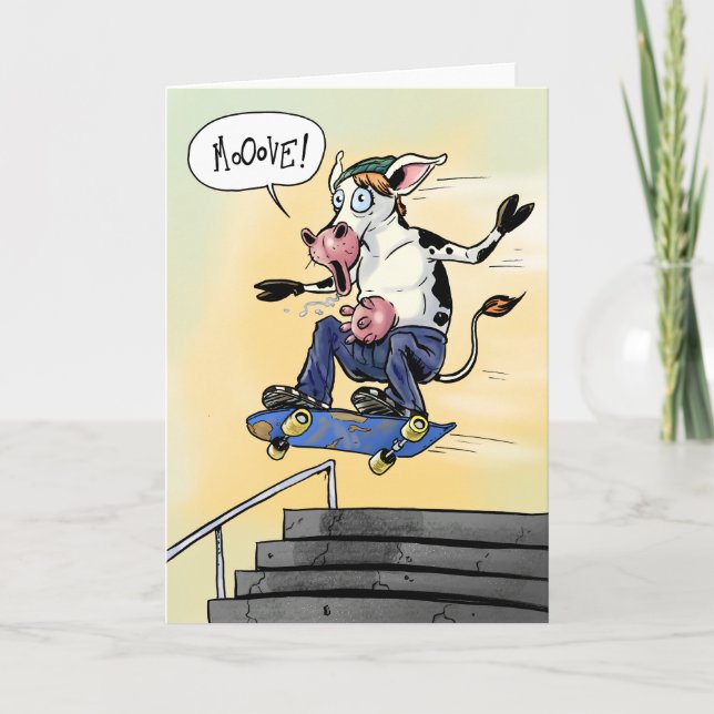 Kuh auf einem Skateboard brüllt Dankeskarte (Vorderseite)