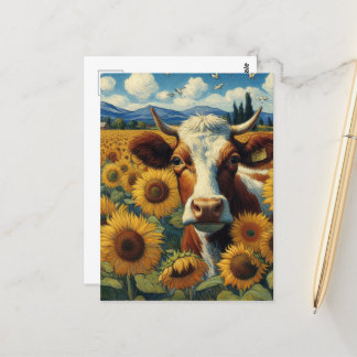 Kuh auf einem Sonnenblumenfeld Postkarte