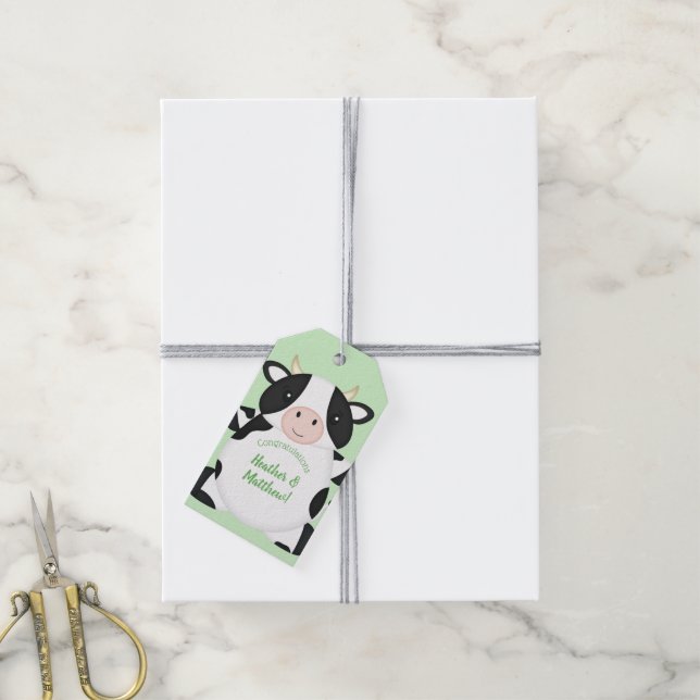 Kuh Baby Dusche Grün Geschenkanhänger (Mit Garn)