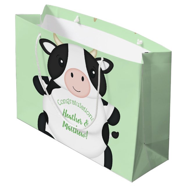 Kuh Baby Dusche Grün Große Geschenktüte (Rückseite Schrägansicht)