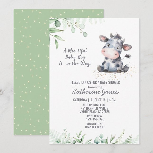 Kuh Baby Dusche Grüne Boy Farm Einladung (Vorne/Hinten)