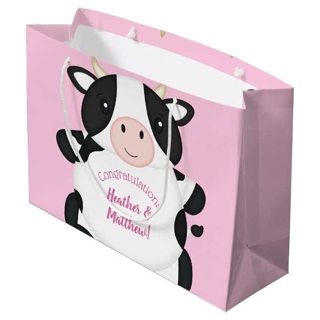 Kuh Baby Dusche Rosa Große Geschenktüte (Rückseite Schrägansicht)
