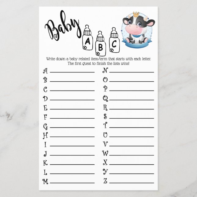 Kuh Baby Dusche Schönes Dream Game Baby ABC Card Flyer (Vorne)