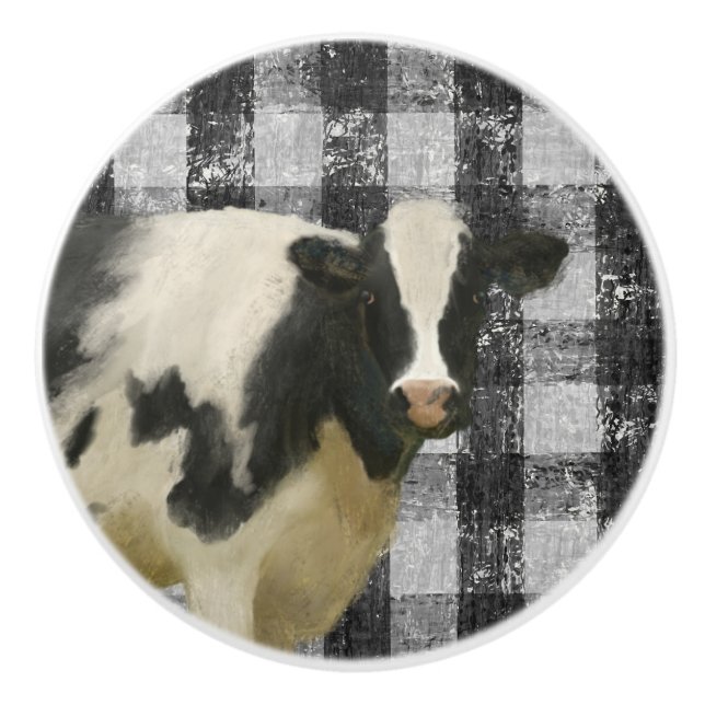 Kuh Bauernhof Rustikales Schwarz n Weiß Gingham Ka Keramikknauf (Vorderseite)
