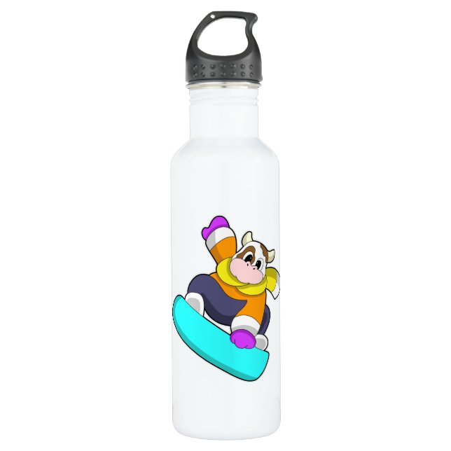Kuh beim Snowboarden mit Snowboard Edelstahlflasche (Vorderseite)